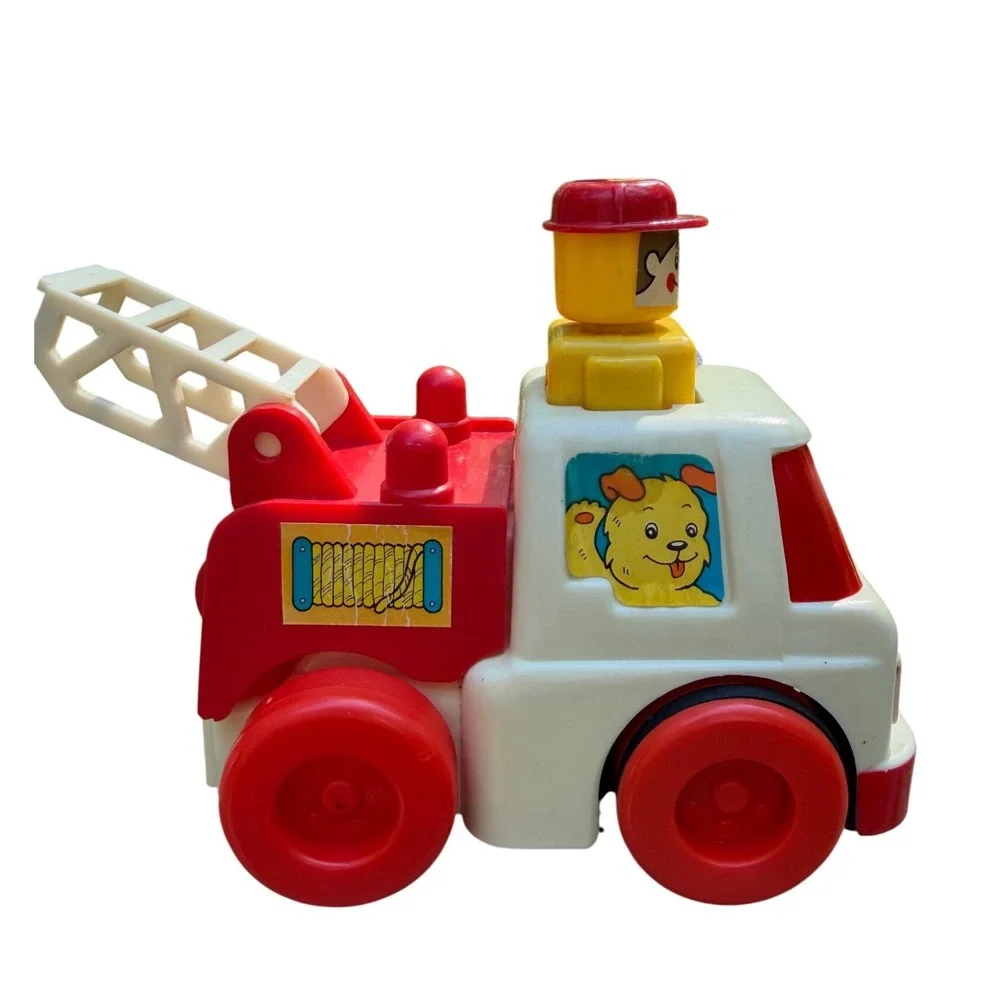 Vintage 1970s Playskool Plastic Fire Truck Toy Fold Down Ladder Square Driver